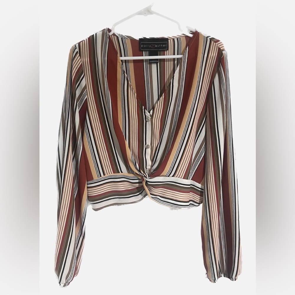 Polly & Esther Striped Cropped Button Front